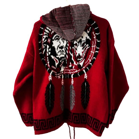 Ruminahui Red, White & Black Wolf & Native American Wool Zip Hooded Sweater M - Picture 2 of 7